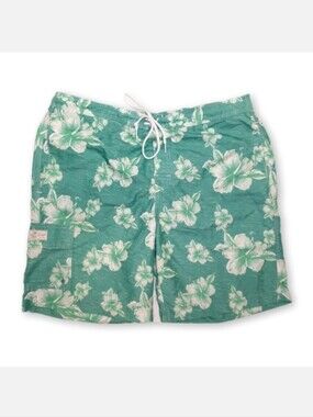 Chaps Hawaiian Floral Swim Trunks Tropical Green Cargo Bathing Suit Shorts